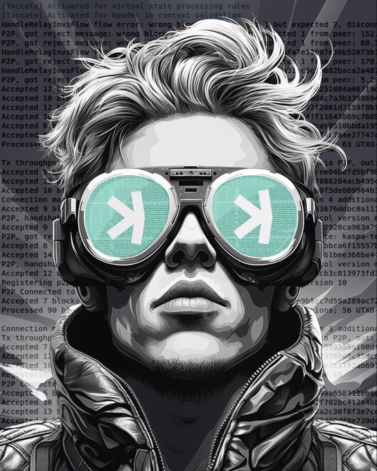 A stylized black-and-white portrait of a person wearing teal goggles displaying the Kaspa (KAS) logo, set against a backdrop of terminal logs referencing Toccata activation and "P2P, got reject" messages, illustrating the network's mainnet upgrade milestone.