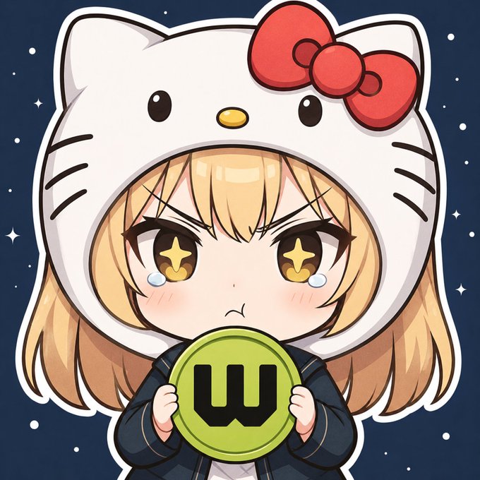 An anime/chibi-style illustration of a blonde girl wearing a Hello Kitty hood with a red bow, holding a green badge with a 'W' logo, against a starry dark blue background.