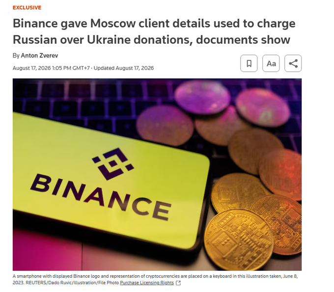 A Reuters exclusive by Anton Zverev (August 17, 2026) headlined "Binance gave Moscow client details used to charge Russian over Ukraine donations, documents show," accompanied by an illustration of a smartphone displaying the Binance logo alongside representations of cryptocurrencies on a keyboard, illustrating the article's reporting on Binance sharing user data with Russian authorities.
