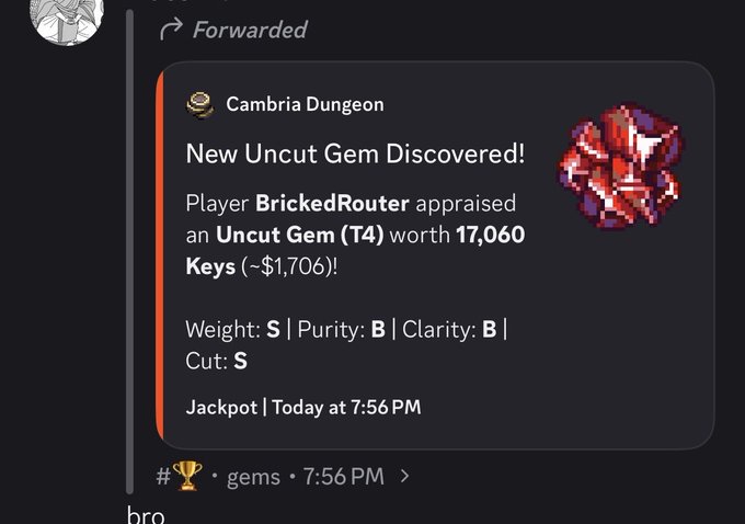 A Discord notification from Cambria Dungeon announces that player "BrickedRouter" appraised a Tier 4 Uncut Gem worth 17,060 Keys (~$1,706) with top-tier S Weight and Cut stats, tagged with "Jackpot" at 7:56 PM. The post's caption "Shit too ez for a player like me" celebrates the impressive high-value gem discovery, while tagging @playcambria and the ticker $rsgp to share the win.