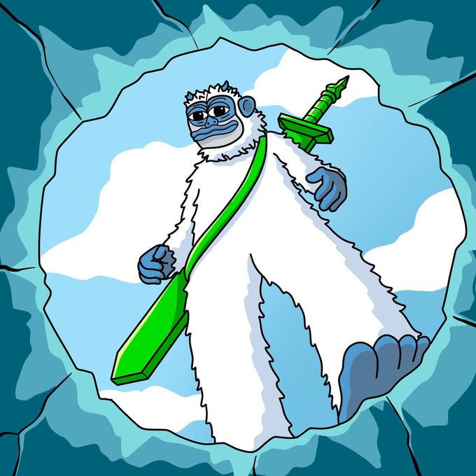 A cartoon illustration of a white-furred yeti character with blue face and hands, holding a green crystal sword, set against an icy blue background.