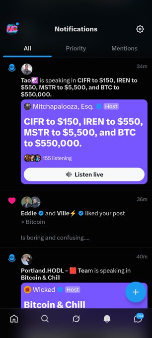 A social media notifications screen displays a live audio space titled 'CIFR to $150, IREN to $550, MSTR to $5,500, and BTC to $550,000' hosted by Mitchapalooza, Esq., along with other activity alerts.