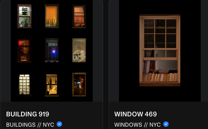 The image features two different windows side by side with a black background. The window on the left has a row of eight windows, while the one on the right has nine windows. Both windows display various images or scenes, adding visual interest to each pane. The text in the image reads "Building 919" and "Windows/NYC", indicating that these windows are part of a building located in New York City.