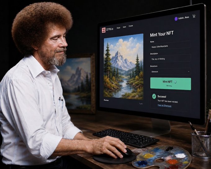 A man with an afro and beard, wearing a white shirt, sits at a computer desk looking at a screen displaying an NFT minting interface for a landscape painting, with a paint palette and brushes nearby.