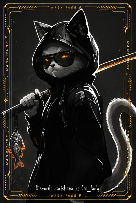 A stylized digital illustration of an anthropomorphic cat wearing sunglasses, a black hoodie, and holding a sword with a fish dangling from it, with 'MAGNITUDE 6' text on the borders and 'Discord: zarishapa x: 0x_lady' at the bottom.