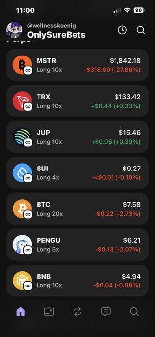 The image shows a phone screen displaying a list of cryptocurrency symbols, including Bitcoin, Jupyter, and Penguin. The text "ONLYSUREBET" can be seen at the top left corner of the screen. The time shown is 11:30 am, which is displayed in the bottom right corner of the screen.