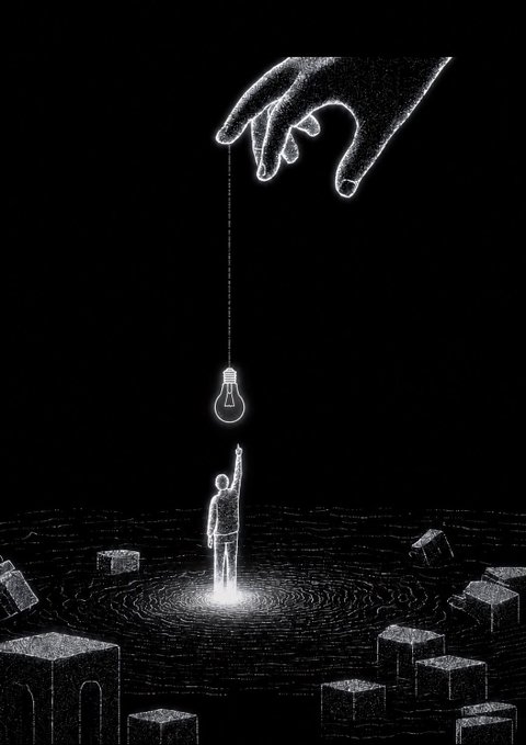 A monochromatic digital artwork depicts a small glowing figure reaching up toward a hanging lightbulb suspended from a large hand above, with cubes floating in dark water.