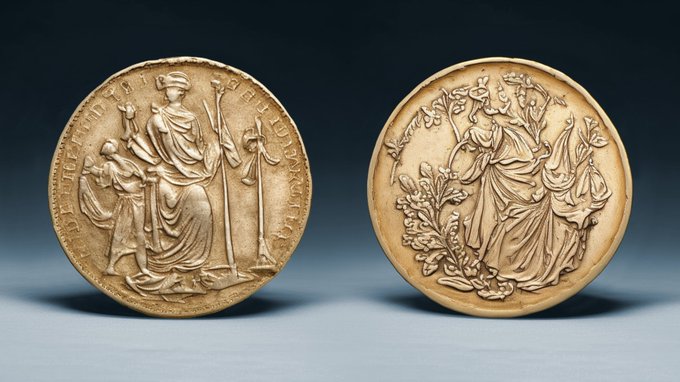 A detailed commemorative coin with classical figures in Roman attire, bearing the inscription "DIRIGE DOMINE DEUS" around the edge, is displayed alongside its reverse side depicting a draped female figure surrounded by iris flowers, likely the Iris florentina symbolizing Florence and its Renaissance heritage.
