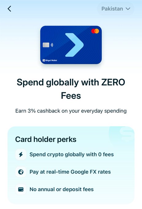 A mobile app screenshot for Bitget Wallet showing 'Spend globally with ZERO Fees' and 'Earn 3% cashback on your everyday spending,' with cardholder perks including spending crypto globally with 0 fees, real-time Google FX rates, and no annual fees, set in Pakistan.