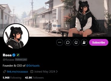 A profile page for "Rosa" (@Rosaaa) shows an anime-style avatar, identifies her as Founder & CEO of @0xHazels, joined May 2024, with 5,968 following and 42.8K followers.