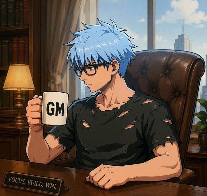 An anime-style illustration shows a blue-haired young man wearing glasses and a distressed black t-shirt, sitting in a leather chair holding a mug labeled 'GM', with a desk plaque reading 'FOCUS. BUILD. WIN.'