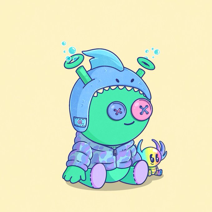 A cute digital illustration of a small green alien-like character wearing a blue shark hood and purple camouflage hoodie, sitting next to a tiny yellow creature with crab claws.