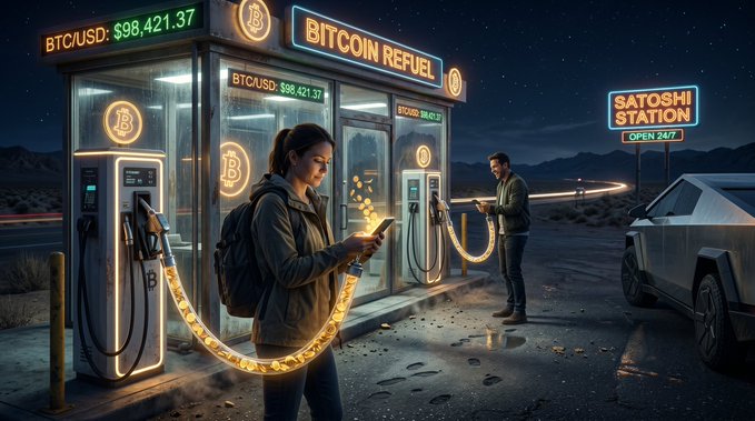 A futuristic 'BITCOIN REFUEL' station at 'SATOSHI STATION' (OPEN 24/7) displays BTC/USD: $98,421.37 and BTCUSD: $94,055, where people interact with their phones near glowing Bitcoin-themed fuel pumps and a Tesla Cybertruck parked nearby.