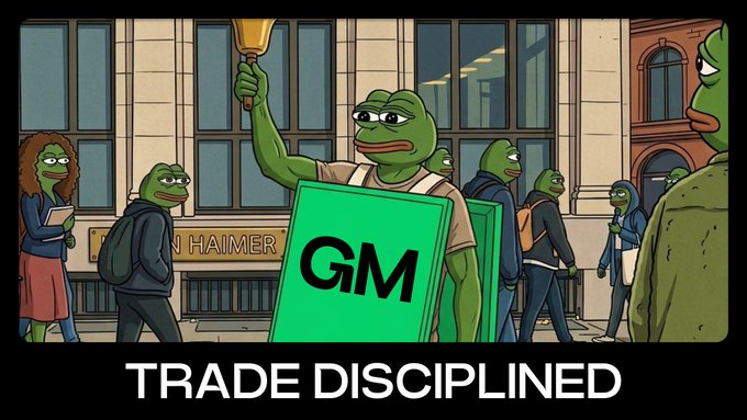 A cartoon illustration featuring multiple Pepe the Frog characters on a city street, with one holding a green "GM" sign and text reading "TRADE DISCIPLINED."