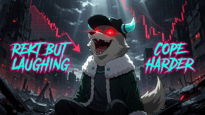 An illustrated cartoon wolf character wearing a green jacket and cap with glowing red eyes, accompanied by a downward red chart in the background and the text 'REKT BUT LAUGHING' and 'COPE HARDER'.