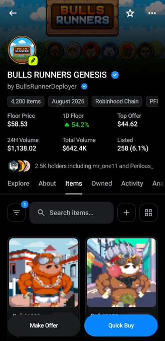 A mobile NFT marketplace page for “BULLS RUNNERS GENESIS” by BullsRunnerDeployer, showing a floor price of $58.53, 24-hour volume of $1,138.02, and 258 listed.