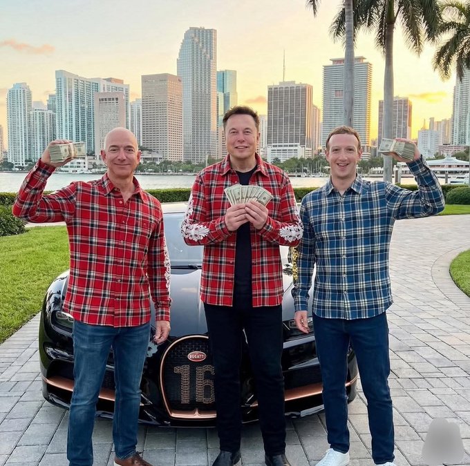 Three men in plaid shirts standing in front of a Bugatti sports car with a Miami skyline in the background, holding up stacks of cash.