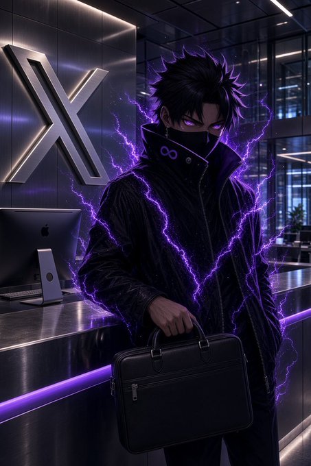An anime-style figure with spiky black hair and glowing purple eyes stands in a modern office setting, surrounded by crackling purple energy and holding a black briefcase, with a large 'X' logo on the wall behind them.