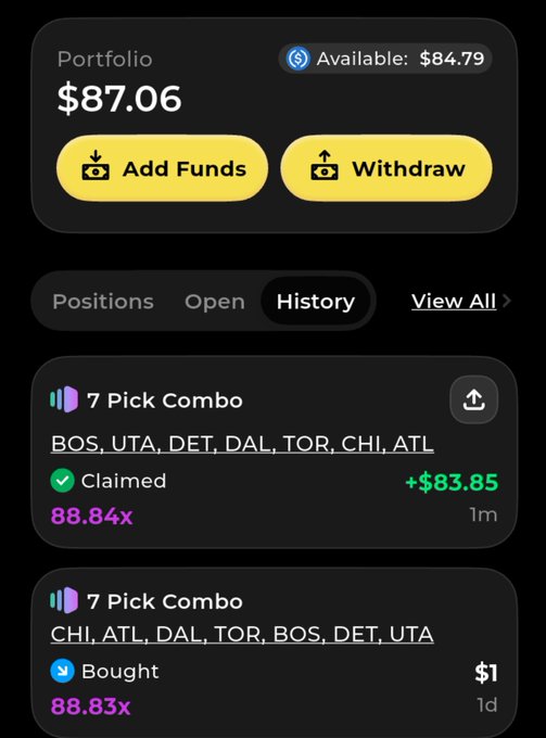 A dark-themed betting portfolio displays “Portfolio $87.06” and “Available: $84.79,” with yellow “Add Funds” and “Withdraw” buttons. The history section lists “7 Pick Combo” parlays for BOS, UTA, DET, DAL, TOR, CHI, ATL, marked “Claimed +$83.85” at “88.84x” and another “Bought $1” at “88.83x.”