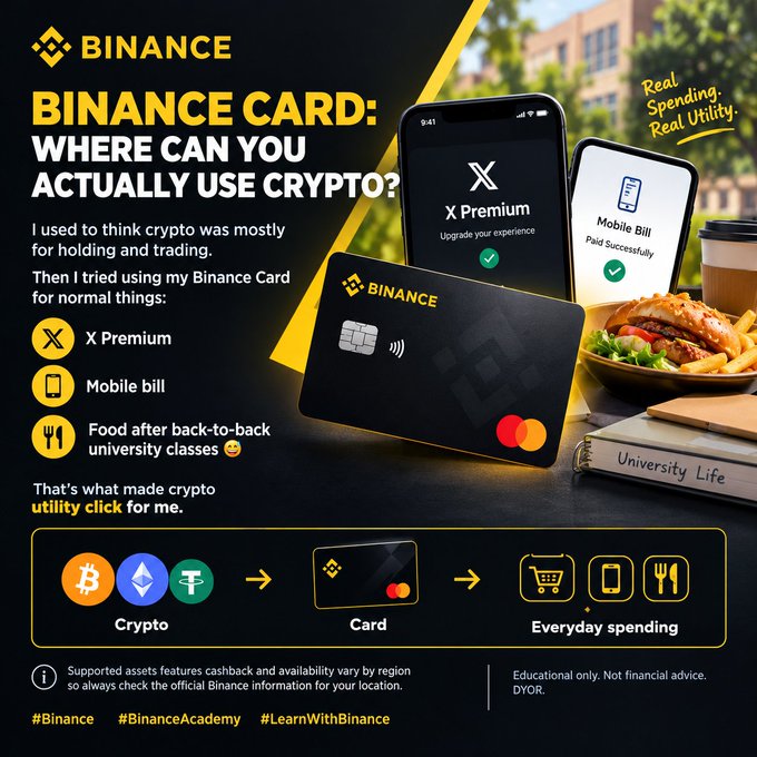 Binance promotional image for the Binance Card, highlighting 'Real Spending. Real Utility.' with examples like X Premium, mobile bill, and food purchases.