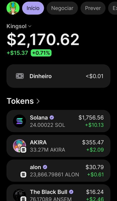 A mobile wallet interface showing a total balance of $2,170.62, with holdings in Solana ($1,756.56), AKIRA, alon, and The Black Bull.