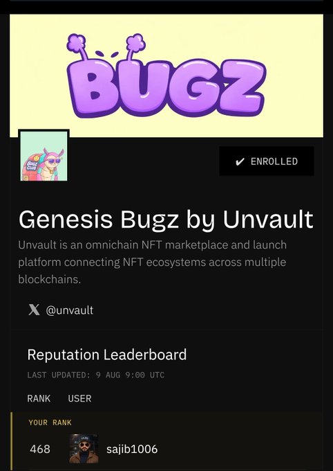 Screenshot of the "Genesis Bugz by Unvault" NFT project page showing the user "sajib1006" ranked 468 on the reputation leaderboard, with the post lamenting a drop from the top 200 to roughly the 470s as more big CT accounts enter the competition.