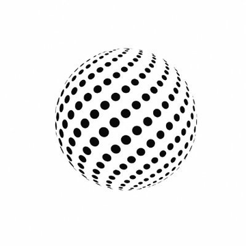 A black and white patterned sphere composed of dots, creating a 3D globe effect.