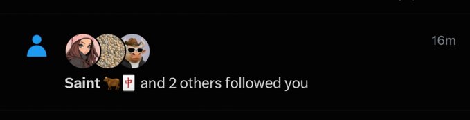 A dark-themed social media notification shows that 'Saint' (with sheep and crucifix emojis) and 2 others followed you, posted 16 minutes ago.