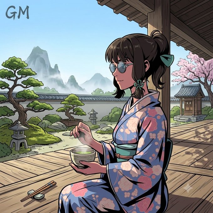 An anime illustration of a woman in a floral kimono and round glasses holding a steaming tea bowl, seated on a wooden porch with cherry blossoms, bonsai trees, and mountains in the background.