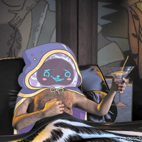 An artistic, surreal image of a figure wearing a purple hood with a digital, blue-eyed face, holding a martini glass, lounging on a black chair against a backdrop of art nouveau glass panels.