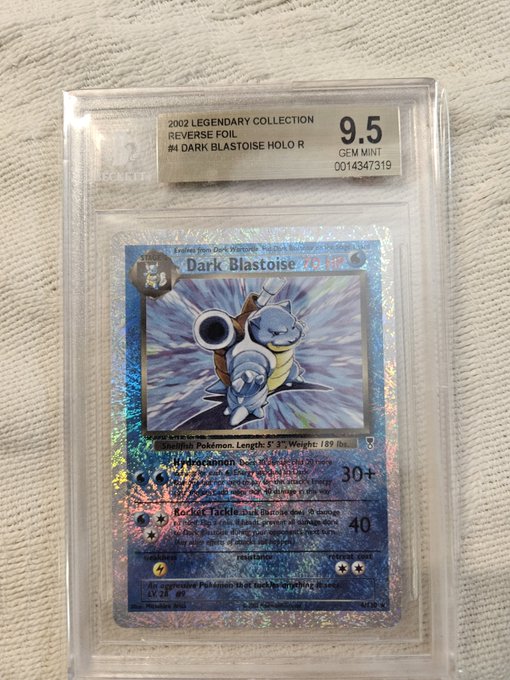 Photograph of a graded Pokémon card identical to Image 3, labeled '2002 LEGENDARY COLLECTION REVERSE FOIL #4 DARK BLASTOISE HOLO R' with a '9.5 GEM MINT' grade.