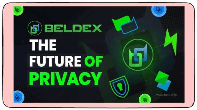 A promotional graphic for Beldex with the tagline 'THE FUTURE OF PRIVACY' and website www.beldex.io displayed alongside a smartphone illustration and security-themed icons.