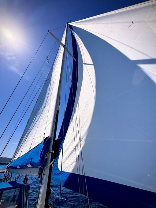 The towering white and blue sails of a yacht catch the bright sun as the vessel cuts through deep ocean waters, capturing the essence of the final days at sea.