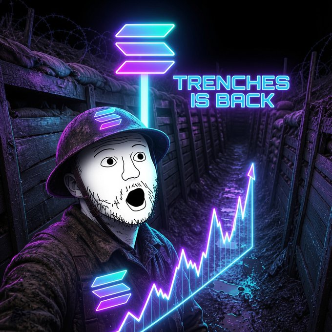 A digital illustration of a shocked cartoon soldier in a trench with the Solana logo and text 'TRENCHES IS BACK' alongside a rising neon chart.