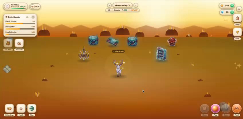 The image shows a cartoon game scene with a character standing in front of a large screen displaying a desert landscape. The character appears to be facing away from the camera, giving an impression that they are looking at something or someone else. In the background, there is a map of the desert area and various objects such as buildings, mountains, and other elements typical of a desert setting.