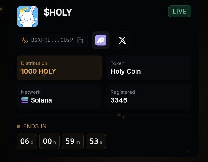 A cryptocurrency airdrop page for the $HOLY token (Holy Coin) on the Solana network, showing a distribution of 1000 HOLY with a live countdown of 6 days remaining and a link (BSXFKL...CUsP), aligning with the post's instructions to apply before the 6-day deadline and submit a Solana wallet address.