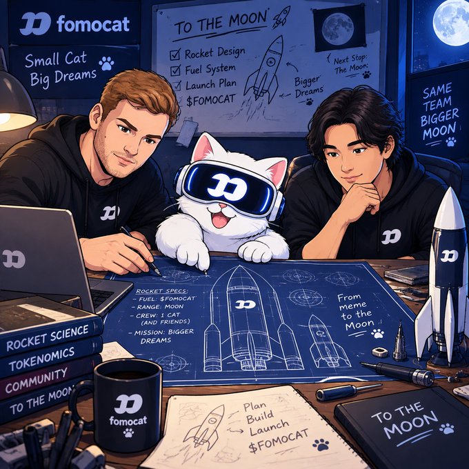 An anime-style illustration of two young men and a white cat wearing goggles, working on blueprints with the branding 'fomocat', 'TO THE MOON', and '$FOMOCAT' scattered around.