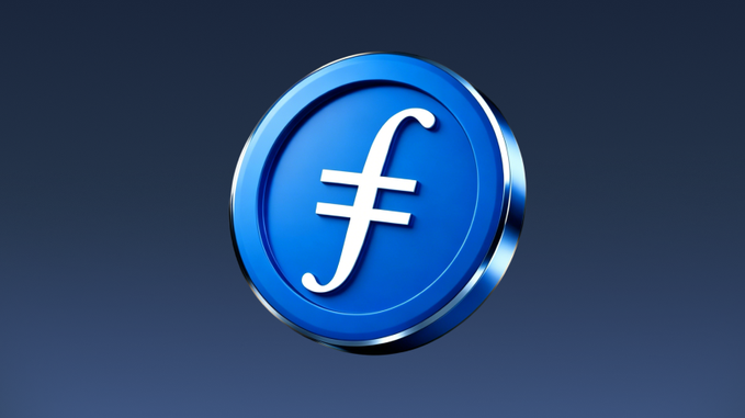 A blue Filecoin (FIL) coin-style emblem with a stylized "F" symbol sits against a dark blue gradient background. The image relates to the news by representing the Filecoin cryptocurrency at the center of the real-world property tokenization demo linking Avalanche tokens to Filecoin-stored deeds.