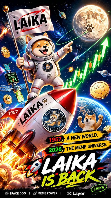 A vibrant promotional poster for the LAIKA meme coin, featuring a Shiba Inu dog in a spacesuit riding a rocket with text "1957 A NEW WORLD, 2025 THE MEME UNIVERSE, LAIKA IS BACK" and tags "SPACE DOG, MEME POWER, Layer".
