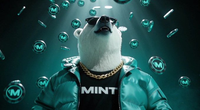 A 3D-rendered anthropomorphic polar bear wearing sunglasses, a gold chain, and a jacket over a shirt labeled 'MINT', surrounded by floating tokens marked with the 'M' logo.