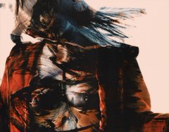 A dark, heavily stylized painting of a muscular figure with flowing dark hair, rendered in moody brown and shadowy tones.