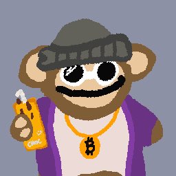 A digital drawing of a monkey character wearing a gray beanie, a purple vest over a white shirt, and a Bitcoin necklace, holding a yellow lighter with the word 'CHAD' on it.