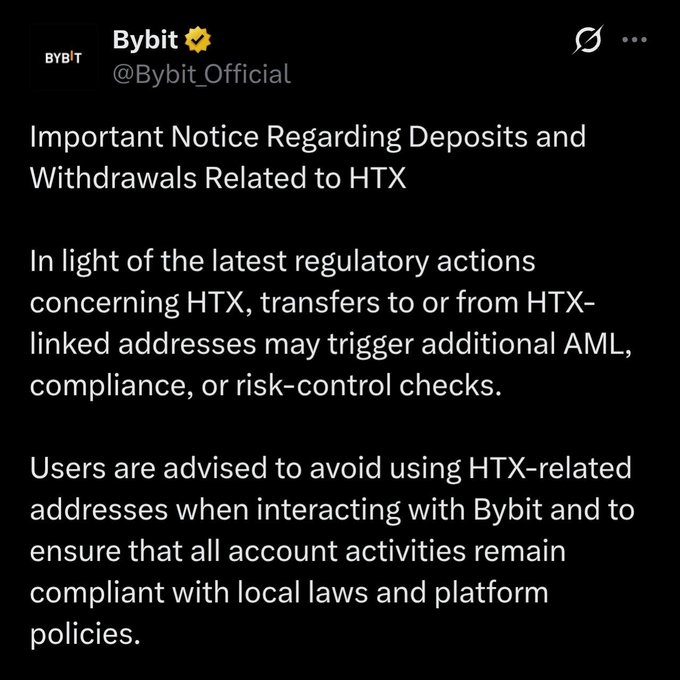 The image shows a black background with white text that reads "Bybit Warning Regarding Deposits and Withdrawals Related to HTX". The text also mentions that users should avoid using HTX-linked addresses after the UK sanctioned HTX over alleged ties to Russia's financial sector, as it may be considered a risk.