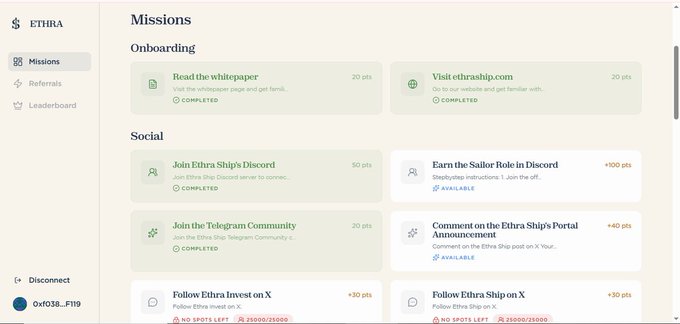 A screenshot of an ETHRA missions dashboard showing completed and available tasks like reading the whitepaper, visiting the website, and joining social platforms, with point rewards.