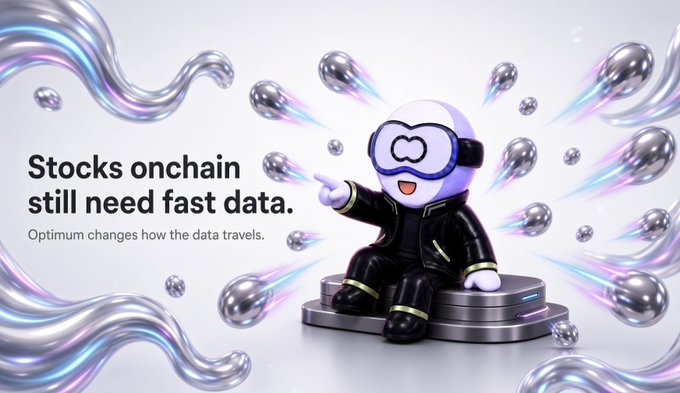 An advertisement featuring a cartoon mascot character wearing goggles, with text reading "Stocks onchain still need fast data. Optimism changes how the data travels."