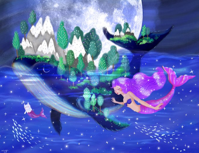 A whimsical digital illustration of a pink-haired mermaid swimming through a starry night sea, with a fantastical island of trees and mountains floating on a giant blue whale's back under a large full moon.
