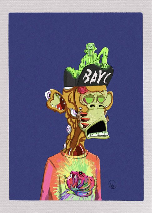 A grotesque, cartoonish figure with multiple eyes, a gaping mouth, and a green creature perched atop a black "BAYC" (Bored Ape Yacht Club) cap wears a tie-dye shirt against a blue background, fittingly matching the casual "Gm" (good morning) crypto greeting with its eccentric BAYC NFT aesthetic.