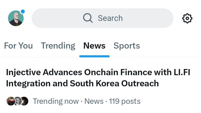 A social media/news app screenshot showing a trending headline 'Injective Advances Onchain Finance with LI.FI Integration and South Korea Outreach' labeled as Trending now · News · 119 posts.
