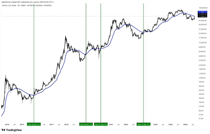 A TradingView chart of Bitcoin/U.S. Dollar (BTC/USD) showing price movements from 2014 to 2026, highlighting Bitcoin halving dates: Nov 28, '12; Mon 9 Jul '16; Mon 11 May '20; and Sat 19 Apr '24.