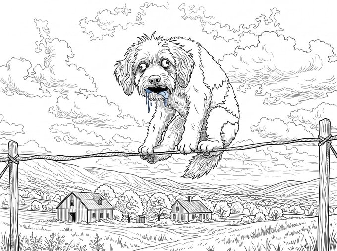 A black-and-white line drawing shows a wide-eyed, shaggy puppy perched precariously on a barbed wire fence above a rural farmhouse landscape, with a small amount of drool dripping from its mouth. The image ties directly to the post by depicting the "dog on wire" scenario referenced in the @dogonwire NFT mint announcement.